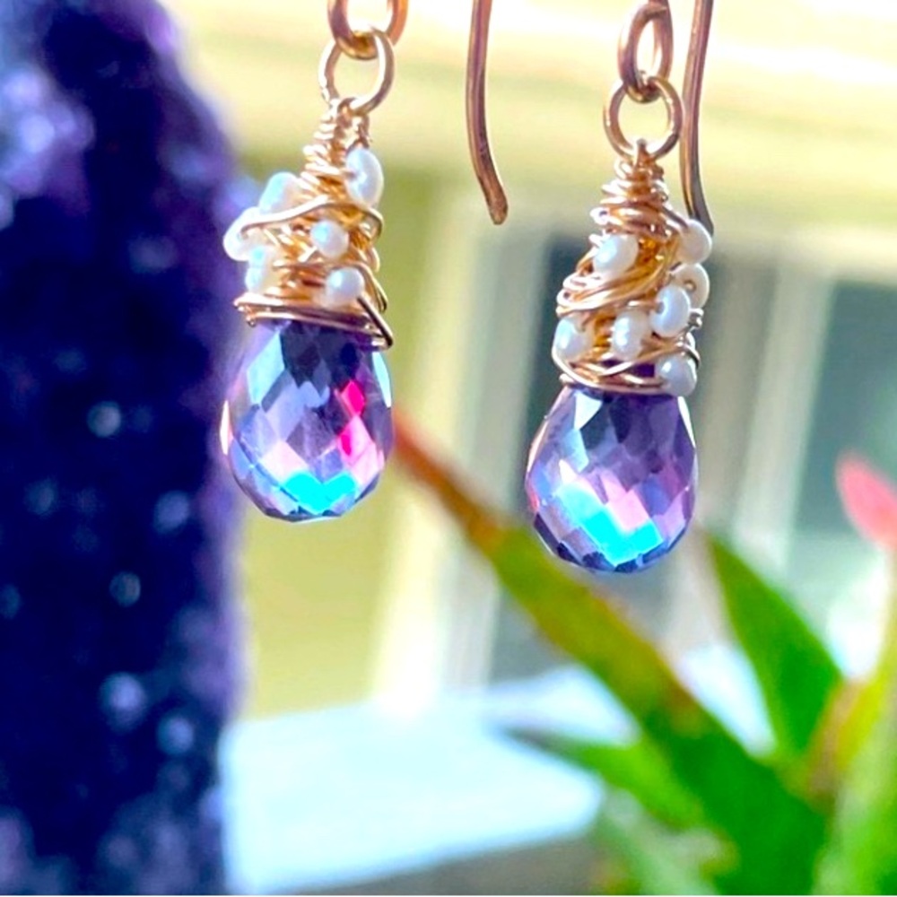 Alexandrite Crystals And Pearls Artisan Earrings 14K Gold Filled - Picture 5 of 16